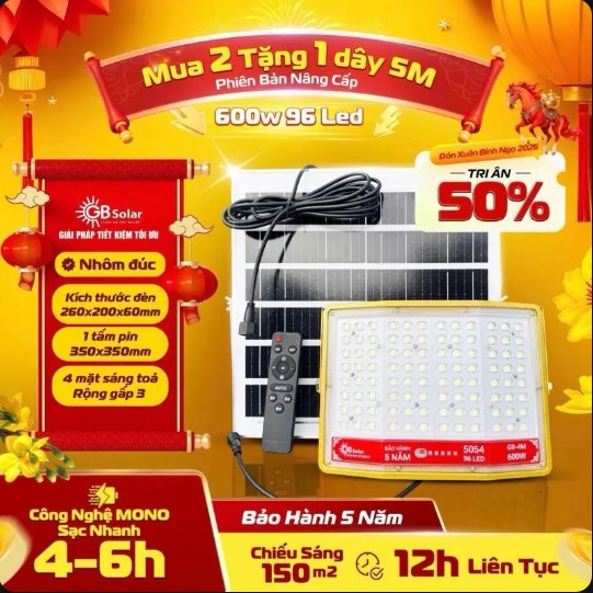 Bộ đèn GB-4M 96 LED gồm thân đèn, tấm pin, dây nối và remote