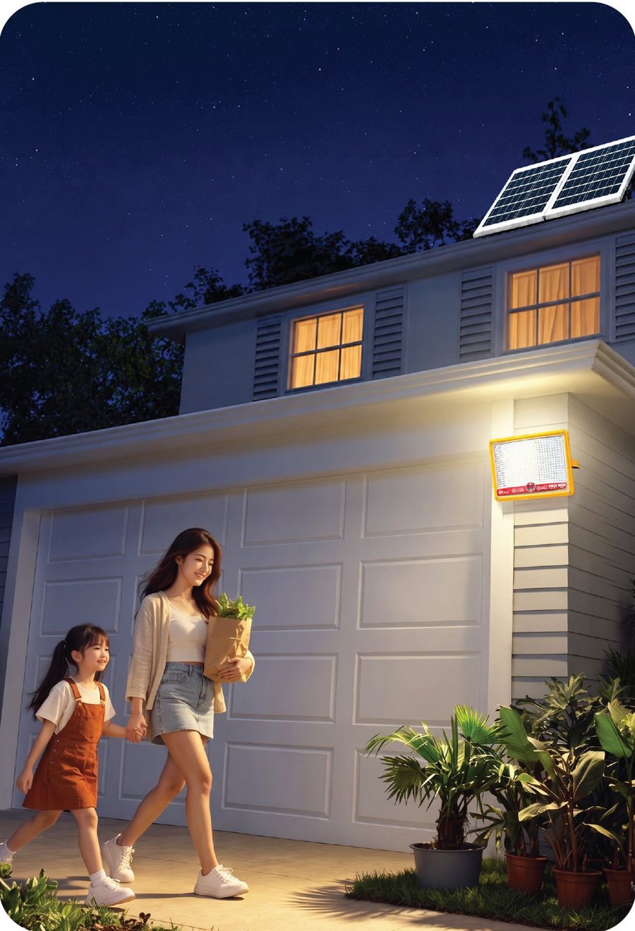 Gia đình về nhà buổi tối, sân trước được đèn GB 7M Ultra chiếu sáng